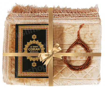 Coffret / Pack Cadeau Beige pour Homme et Femme : Tapis épais molletonné  Beige / Chapelet Tasbih Marron / Coran arabe-français avec couverture cuir  format moyen par chez Divers sur