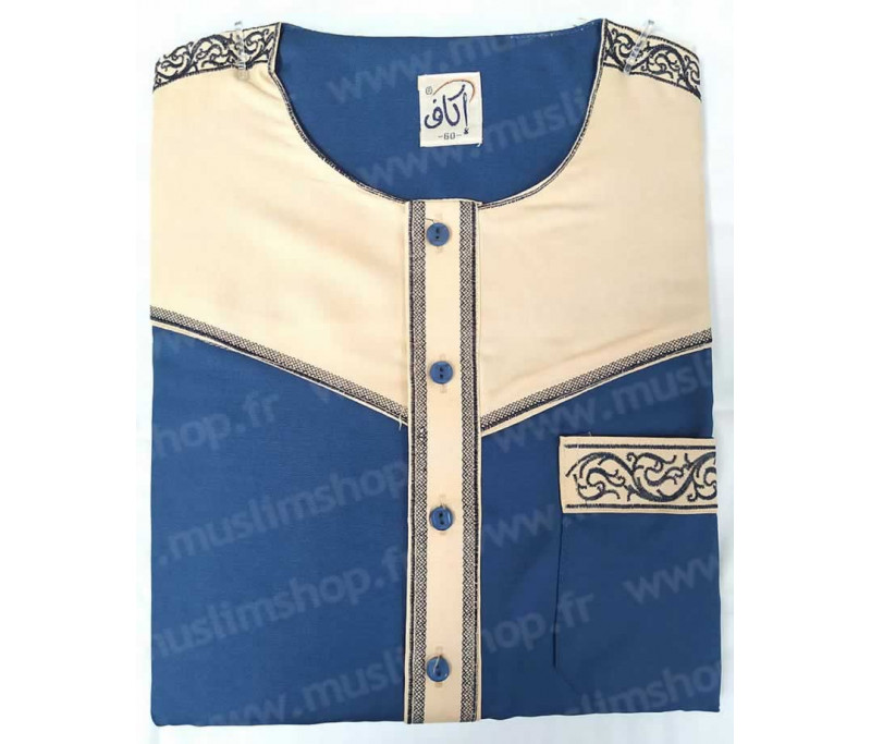 Qamis Abaya - Kamis traditionnel, vêtement islamique masculin musulman  Taille 58 (XL - 1m80/185 cm) Couleur Bleu jeans / Bleu pétrole Taille 58  (XL - 1m80/185 cm) Couleur Bleu jeans / Bleu pétrole