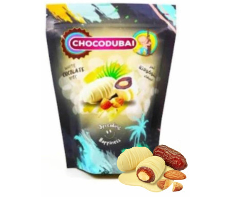 Choco Dubai Amande & Chocolat Blanc - Dattes aux amandes enrobées de Chocolat blanc (100 g)