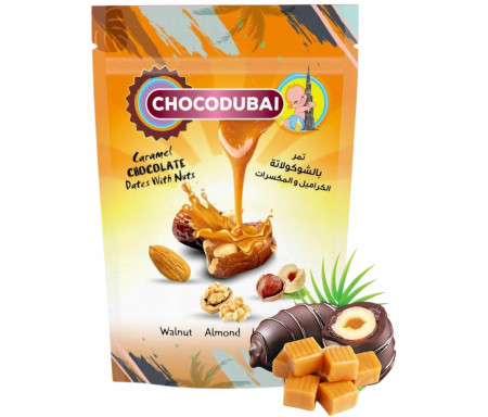 Choco Dubai Caramel - Dattes aux noix (Amandes, Noisettes, Cerneaux) et caramel enrobées de Chocolat (100 g)