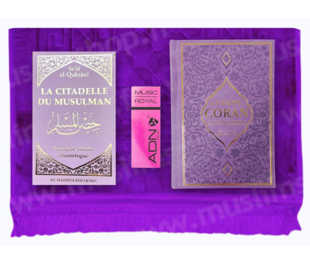 Coffret / Pack Cadeau Mauve pour femme musulmane : Tapis épais molletonné Mauve / Citadelle Mauve / Parfum Musc 5ml / Coran arabe-français avec phonétique couverture daim format moyen Mauve