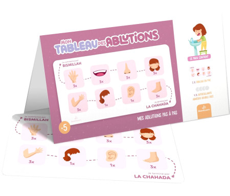 Mon tableau des ablutions : Mes ablutions pas à pas - 1 tableau PVC + 4 autocollants adhésifs (Dès 5 ans) - Rose