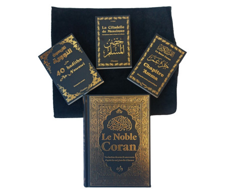 Pack Cadeau pour Homme Musulman (Coran - Tapis adulte - 3 Livres noirs dorés) - Couleur noir doré