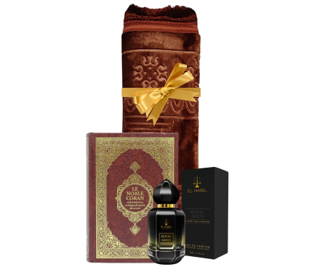 Coffret Pack Cadeau Luxe : Tapis de Prière Epais Matelassé / Coran arabe-français / Eau de Parfum en Spray El Nabil - 65 ml